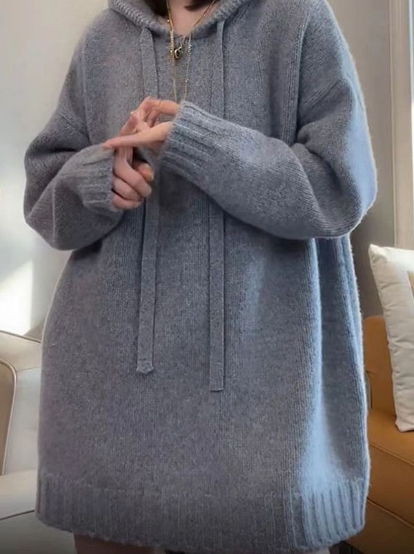 Damer Oversized Stickad Hoodie-Klänning med Dragsko och Fickor Eva Jonsson-Eva Jonsson