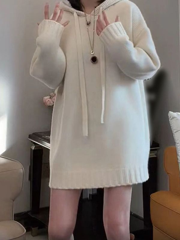 Damer Oversized Stickad Hoodie-Klänning med Dragsko och Fickor Eva Jonsson-Eva Jonsson