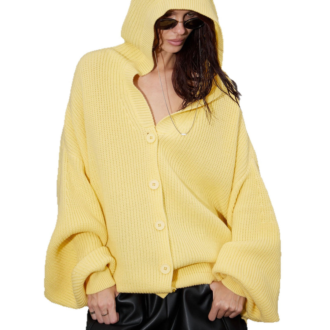 Damer Oversized Stickad Jacka med Huva och Knappslå Mirla-Eva Jonsson