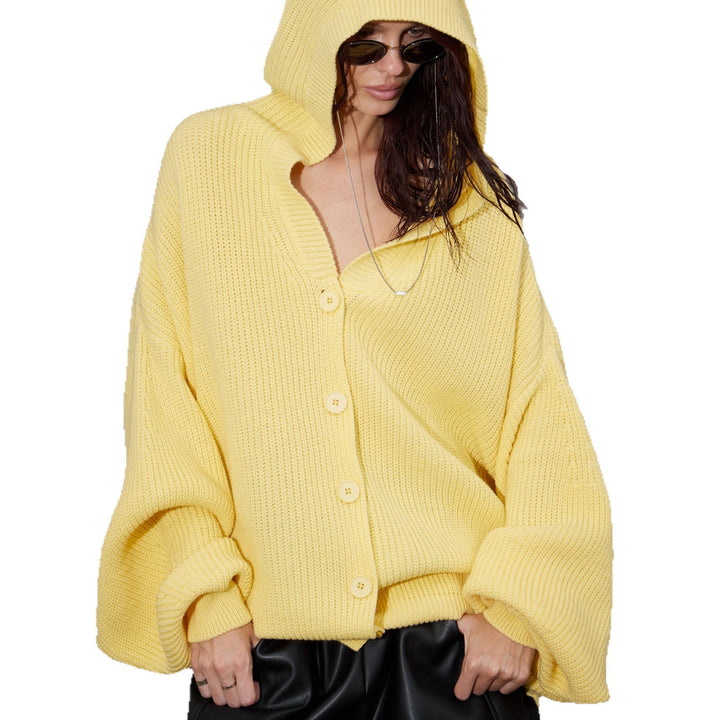 Damer Oversized Stickad Jacka med Huva och Knappslå Mirla-Eva Jonsson