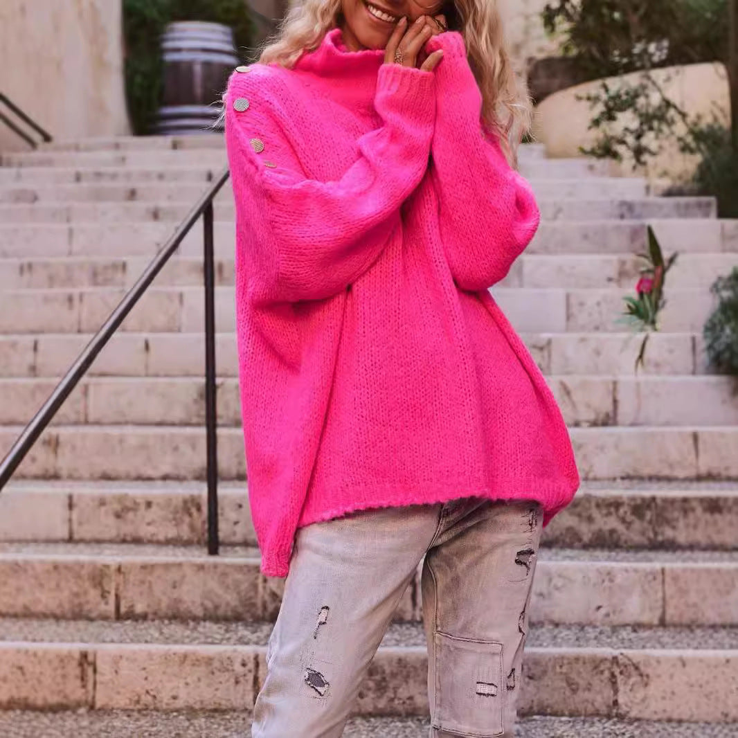 Damer Oversized Stickad Tröja med Hög Krage och Dekorativa Knappar Mirla-Eva Jonsson