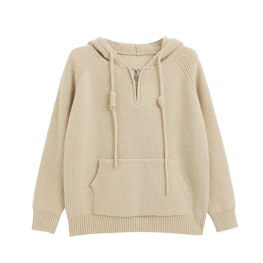 Damer Oversized Stickad Tröja med Huva och Praktiska Dragkedjefickor Mirla-Eva Jonsson