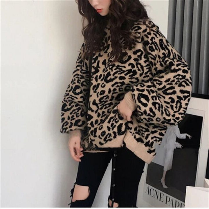 Damer Oversized Stickad Tröja med Leopardsmönster och Mjuk Material Eva Jonsson-Eva Jonsson