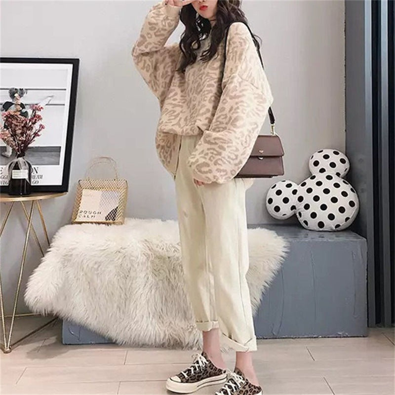 Damer Oversized Stickad Tröja med Leopardsmönster och Mjuk Material Eva Jonsson-Eva Jonsson
