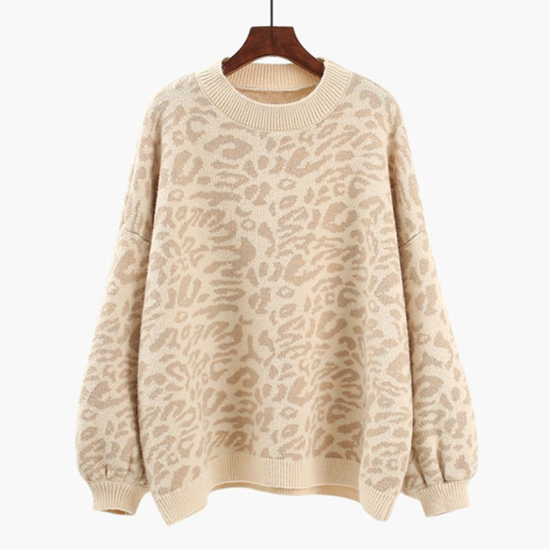 Damer Oversized Stickad Tröja med Leopardsmönster och Mjuk Material Eva Jonsson-Eva Jonsson
