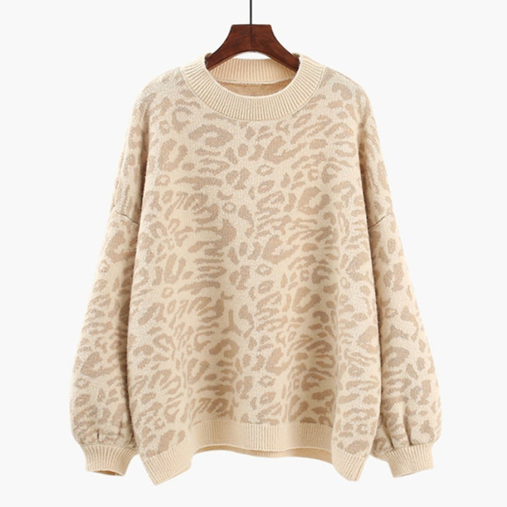 Damer Oversized Stickad Tröja med Leopardsmönster och Mjuk Material Eva Jonsson-Eva Jonsson