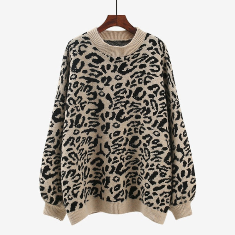 Damer Oversized Stickad Tröja med Leopardsmönster och Mjuk Material Eva Jonsson-Eva Jonsson