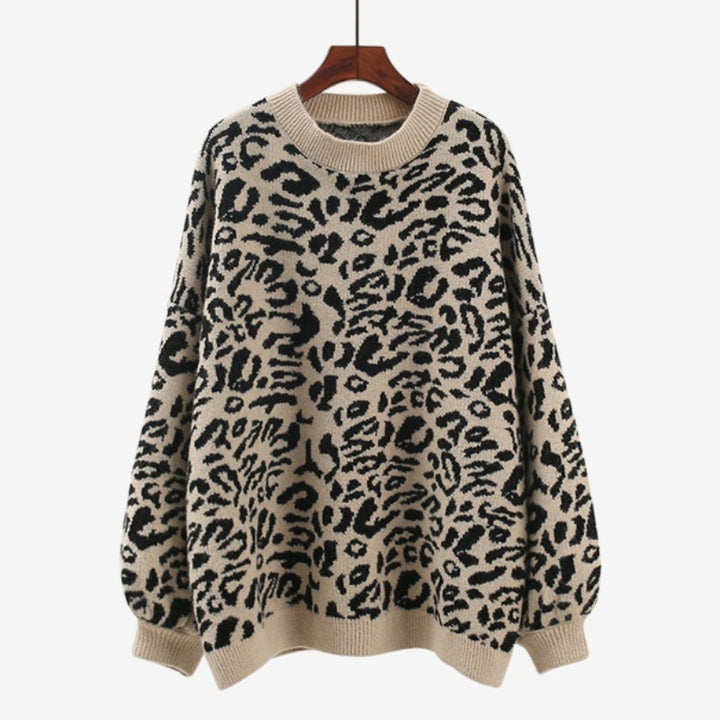 Damer Oversized Stickad Tröja med Leopardsmönster och Mjuk Material Eva Jonsson-Eva Jonsson