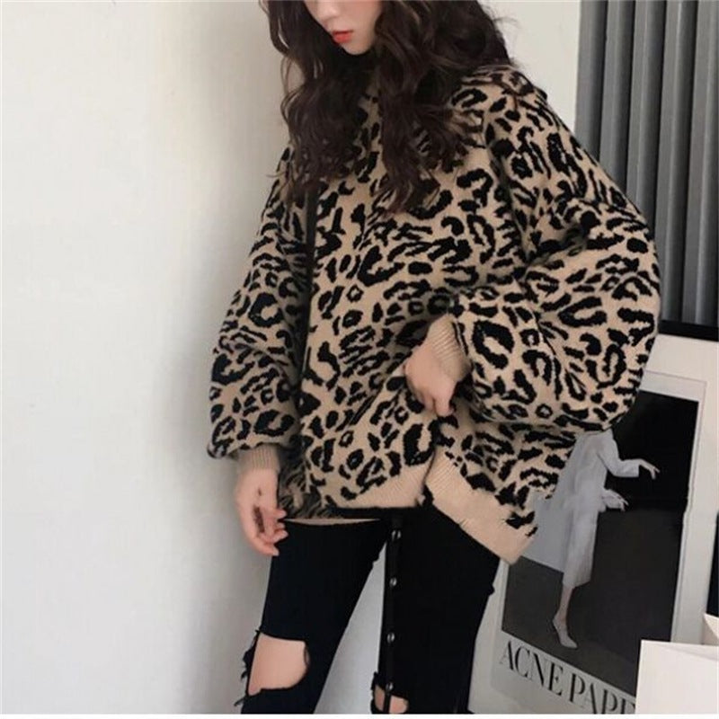 Damer Oversized Stickad Tröja med Leopardsmönster och Mjuk Material Eva Jonsson-Eva Jonsson