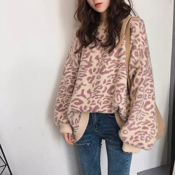 Damer Oversized Stickad Tröja med Leopardsmönster och Mjuk Material Eva Jonsson-Eva Jonsson