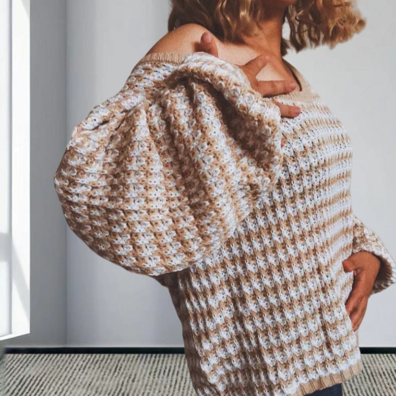 Damer Oversized Stickad Tröja med Off-Shoulder Design och Modernt Ribbmönster Mirla-Eva Jonsson