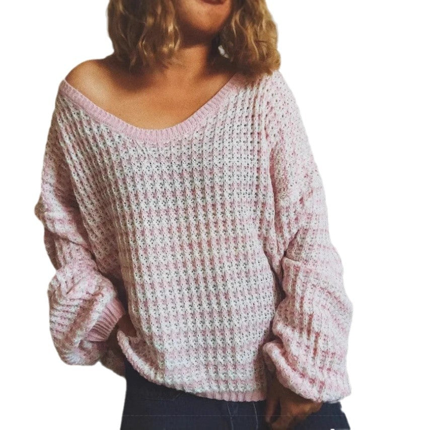 Damer Oversized Stickad Tröja med Off-Shoulder Design och Modernt Ribbmönster Mirla-Eva Jonsson