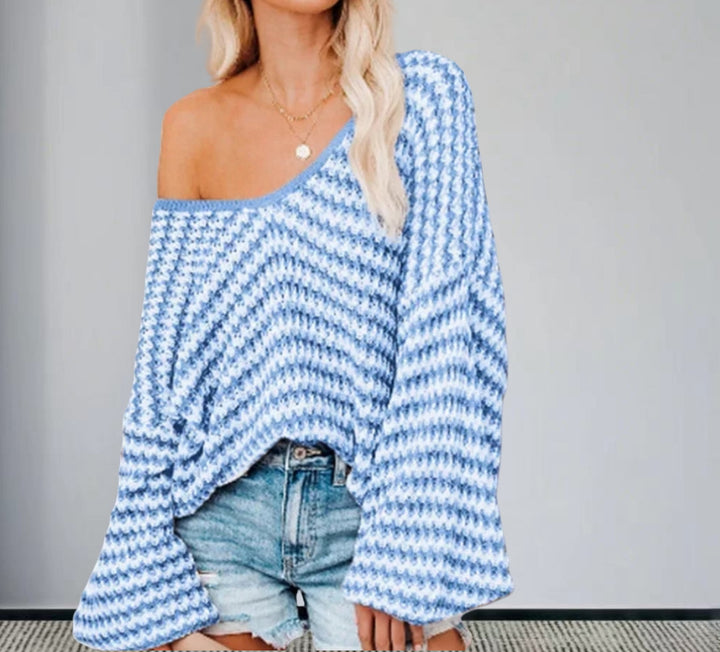 Damer Oversized Stickad Tröja med Off-Shoulder Design och Modernt Ribbmönster Mirla-Eva Jonsson
