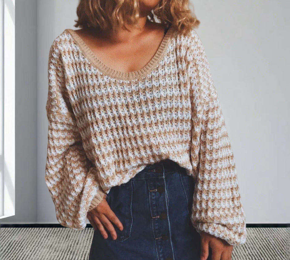 Damer Oversized Stickad Tröja med Off-Shoulder Design och Modernt Ribbmönster Mirla-Eva Jonsson