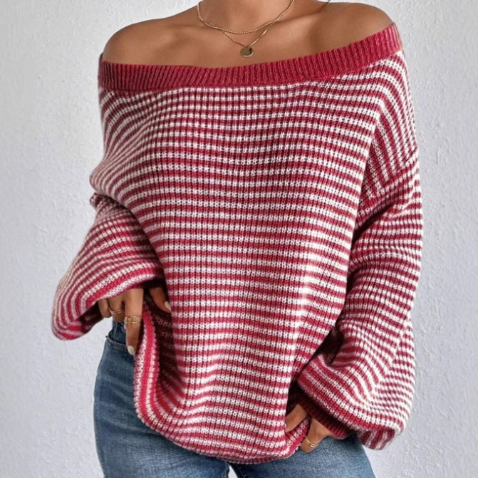 Damer Oversized Stickad Tröja med Off-Shoulder Design och Randigt Mönster Mirla-Eva Jonsson