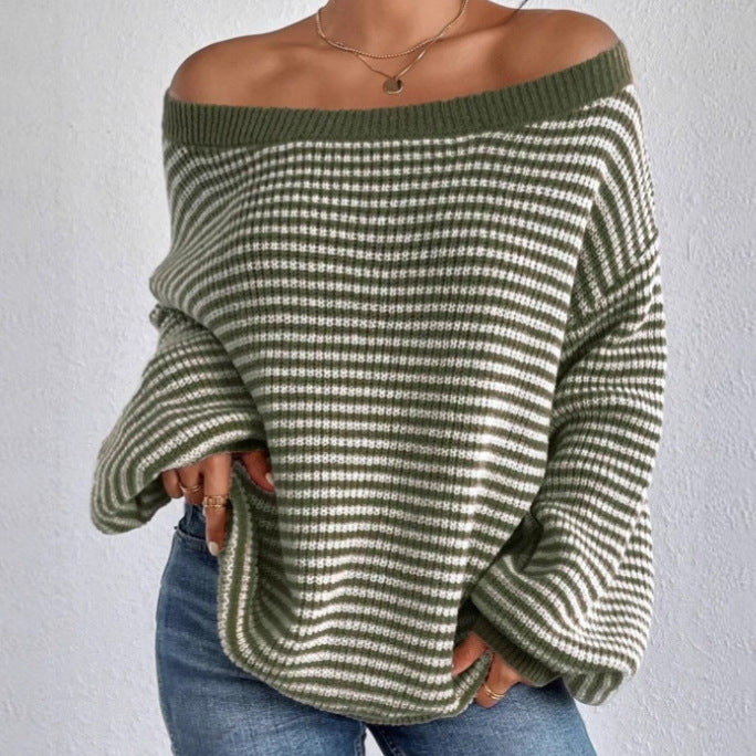 Damer Oversized Stickad Tröja med Off-Shoulder Design och Randigt Mönster Mirla-Eva Jonsson