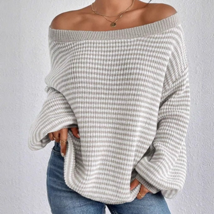Damer Oversized Stickad Tröja med Off-Shoulder Design och Randigt Mönster Mirla-Eva Jonsson