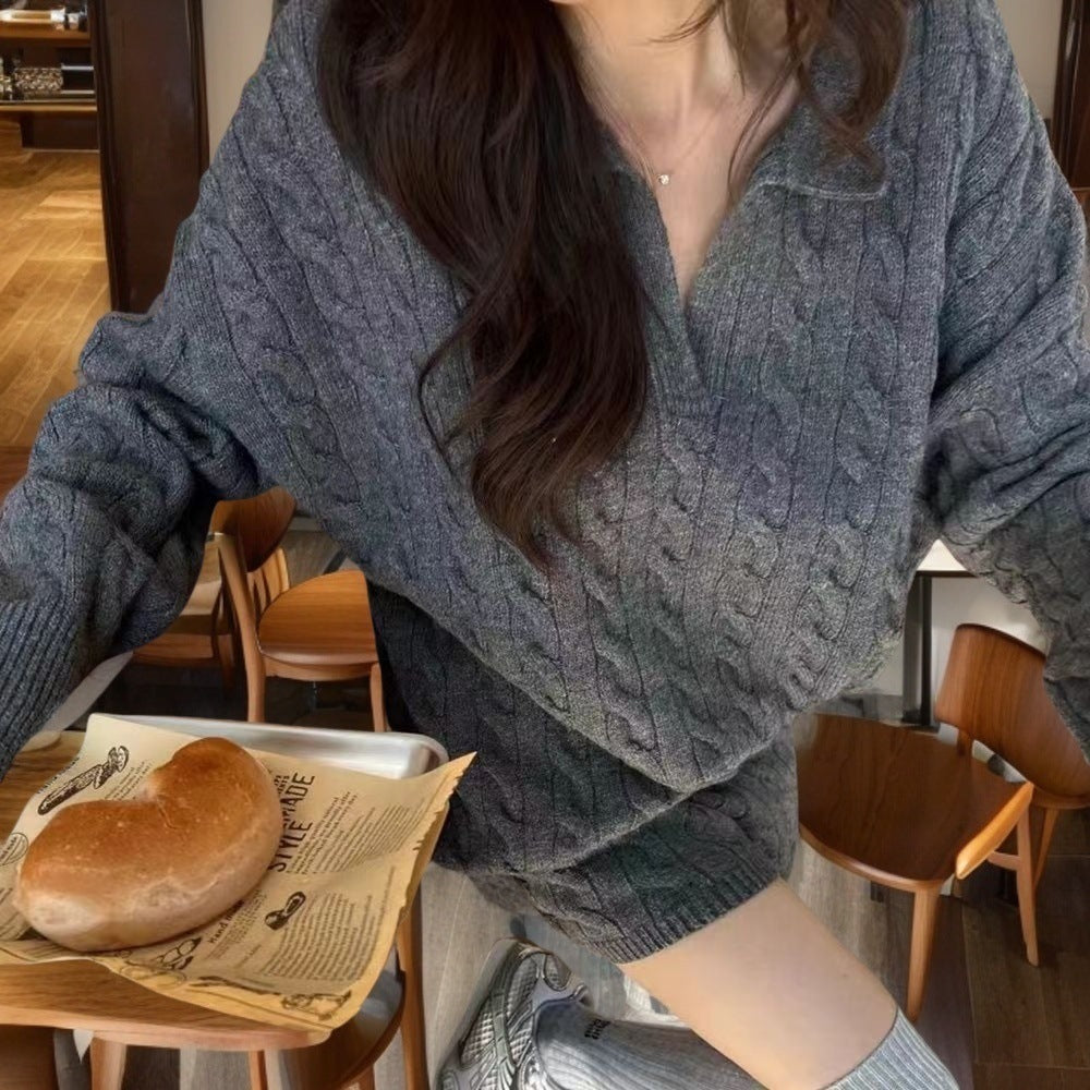 Damer Oversized Stickad Tröja med V-Hals och Flätmönster Mirla-Eva Jonsson