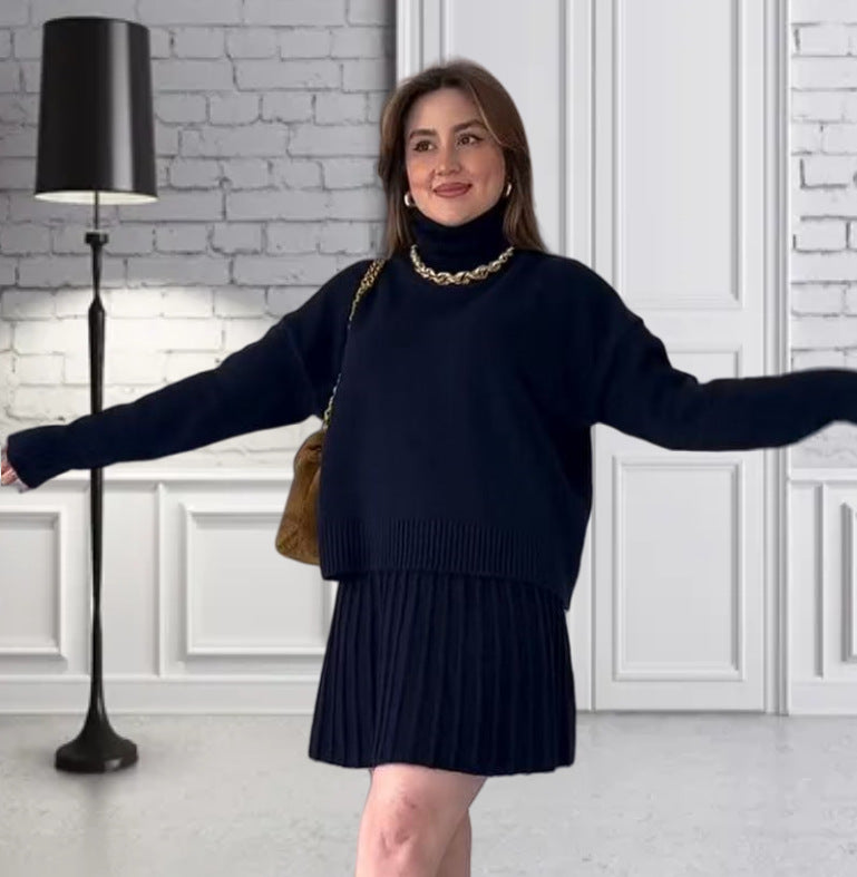 Damer Oversized Stickad Tröja med högkvalitativ ribbstruktur och matchande Minikjol Mirla-Eva Jonsson