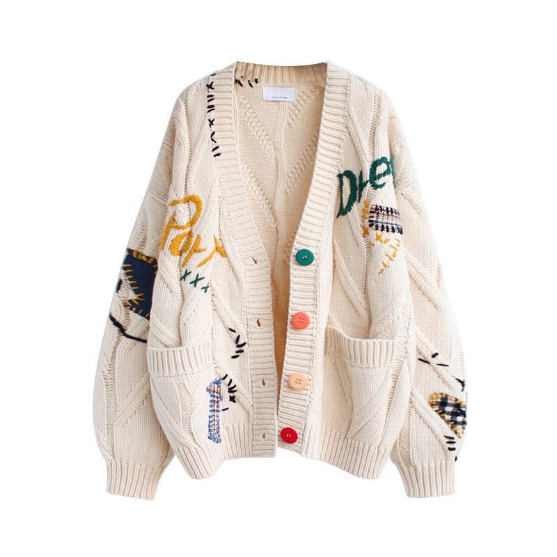 Damer Oversized Stickad jacka med färgglada applikationer Eva Jonsson-Eva Jonsson