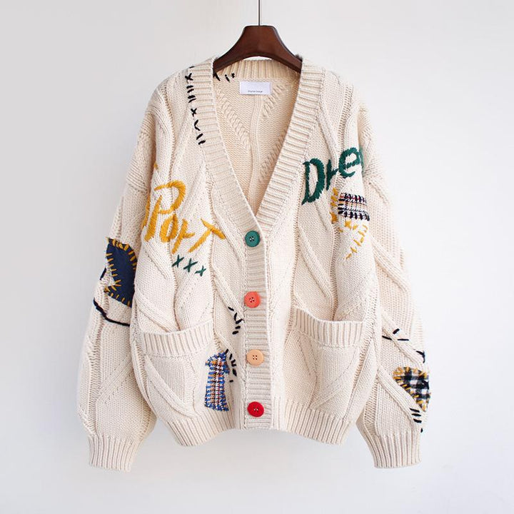 Damer Oversized Stickad jacka med färgglada applikationer Eva Jonsson-Eva Jonsson