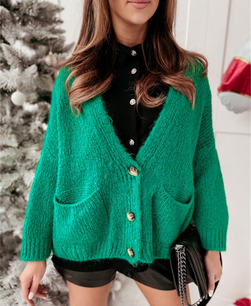 Damer Oversized Stickad jacka med fickor och knapppattern Mirla-Eva Jonsson