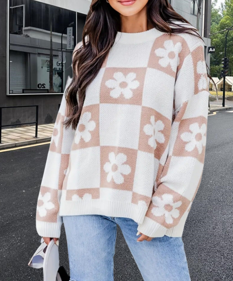 Damer Oversized Stickad tröja med blommönster och avslappnad passform Mirla-Eva Jonsson