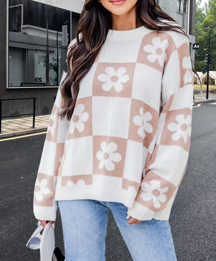 Damer Oversized Stickad tröja med blommönster och avslappnad passform Mirla-Eva Jonsson