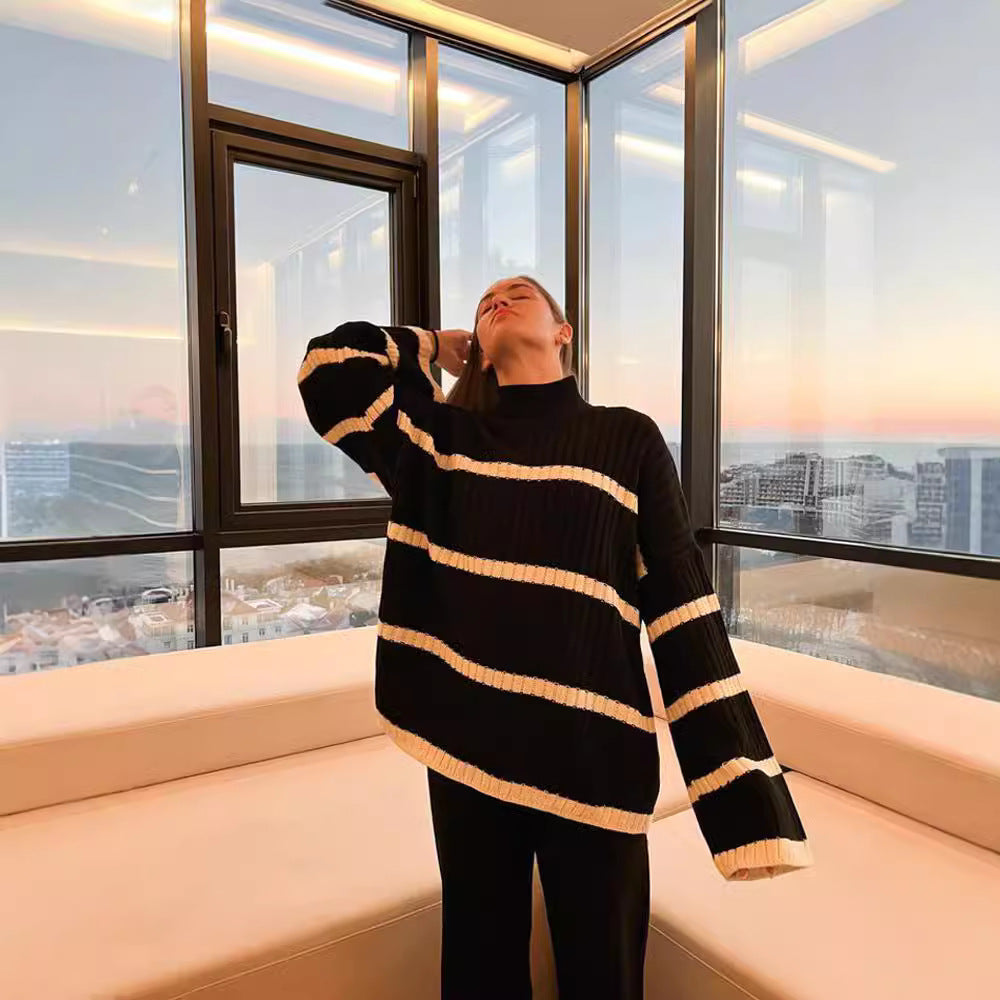 Damer Oversized Stickad tröja med hög krage och ränder Mirla-Eva Jonsson