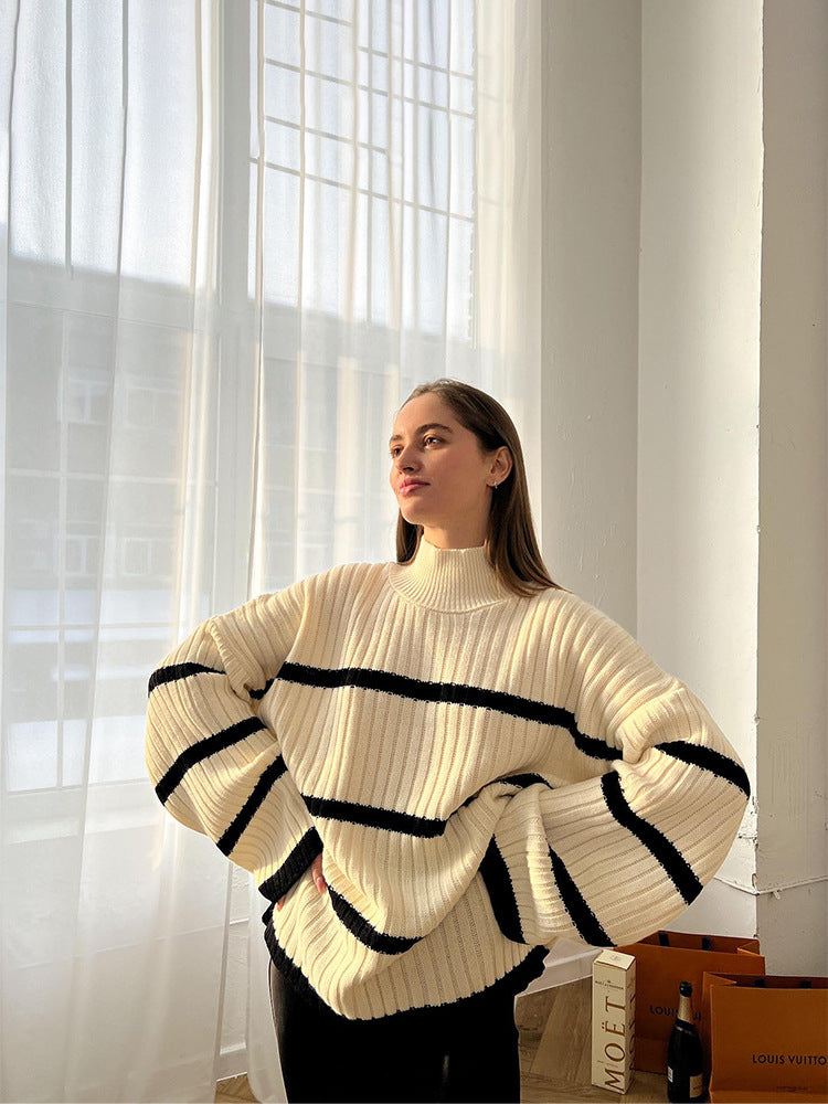 Damer Oversized Stickad tröja med hög krage och ränder Mirla-Eva Jonsson