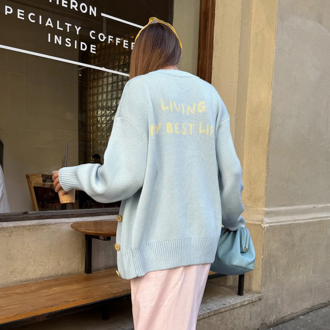 Damer Oversized Stickjacka med kreativt tryck Mirla-Eva Jonsson