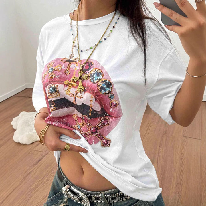 Damer Oversized T-shirt med kreativ läpp- och smyckedesign Mirla-Eva Jonsson