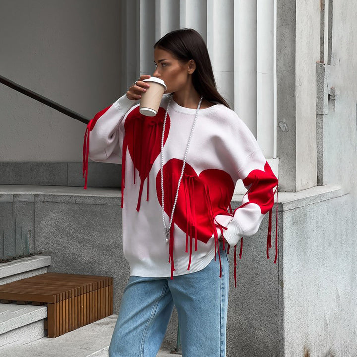 Damer Oversized Tröja med Fransar och Hjärtmotiv Mirla-Eva Jonsson