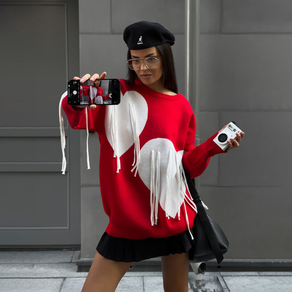 Damer Oversized Tröja med Fransar och Hjärtmotiv Mirla-Eva Jonsson