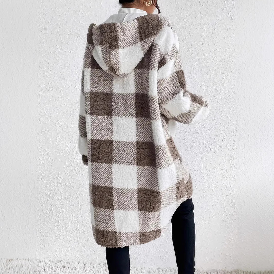 Damer Plysjig rutete jacka i oversized stil med knappslå Eva Jonsson-Eva Jonsson