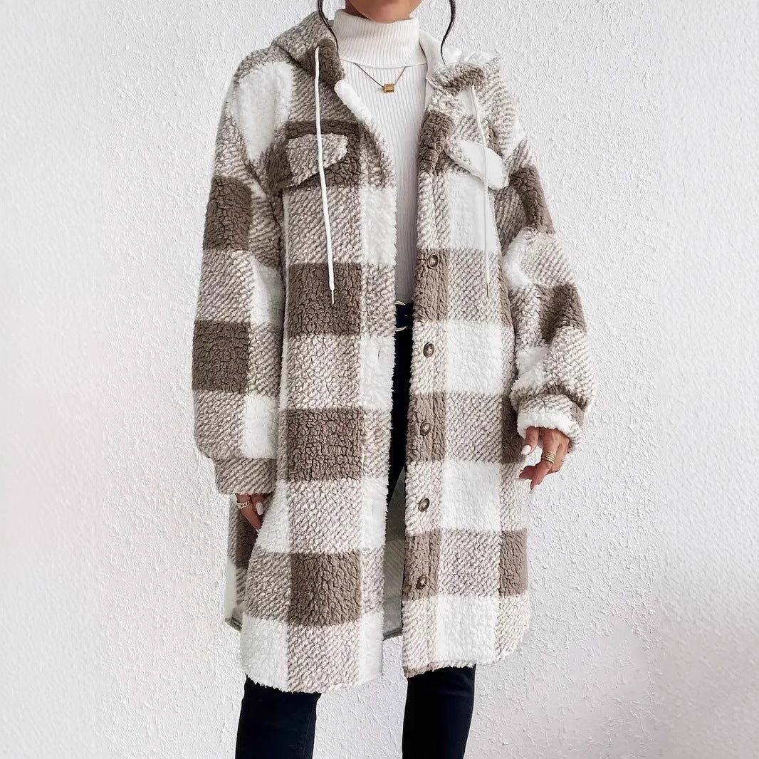 Damer Plysjig rutete jacka i oversized stil med knappslå Eva Jonsson-Eva Jonsson