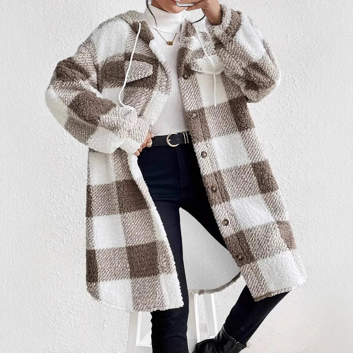 Damer Plysjig rutete jacka i oversized stil med knappslå Eva Jonsson-Eva Jonsson