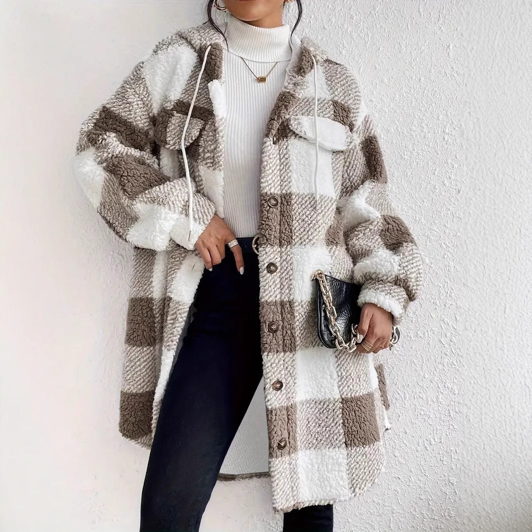Damer Plysjig rutete jacka i oversized stil med knappslå Eva Jonsson-Eva Jonsson