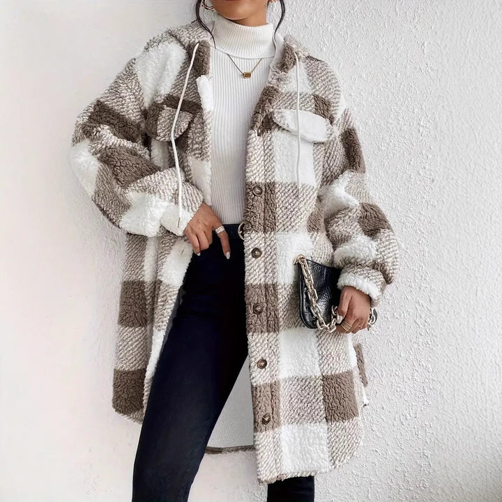 Damer Plysjig rutete jacka i oversized stil med knappslå Eva Jonsson-Eva Jonsson