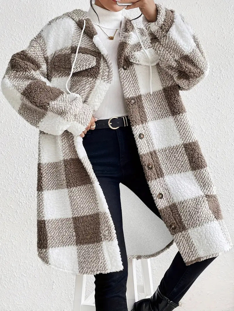 Damer Plysjig rutete jacka i oversized stil med knappslå Eva Jonsson-Eva Jonsson