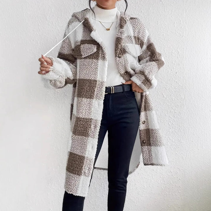 Damer Plysjig rutete jacka i oversized stil med knappslå Eva Jonsson-Eva Jonsson