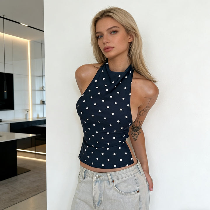 Damer Polka-Dots Haltertop med hög krage och figursydd passform Mirla-Eva Jonsson