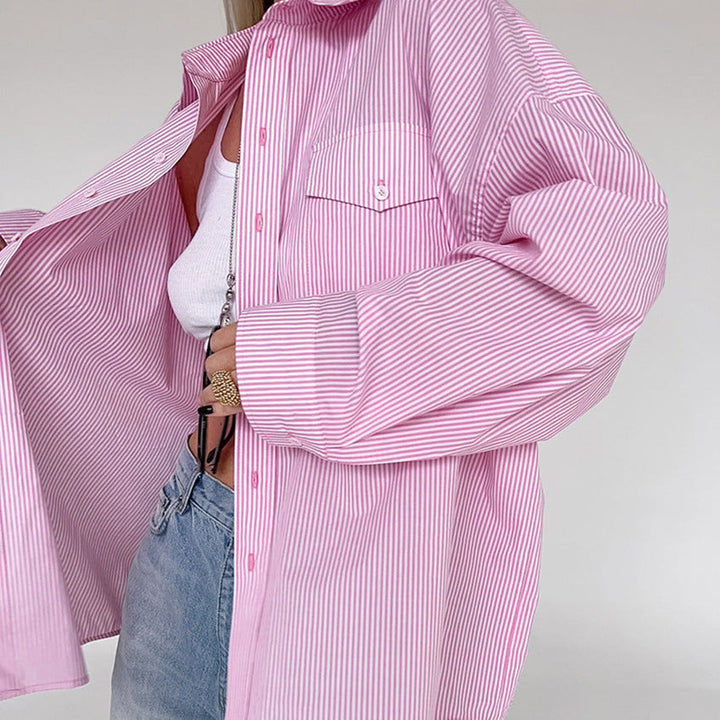 Damer Randig Oversized-Skjortblus med Bröstficka och Avslappnad Passform Mirla-Eva Jonsson