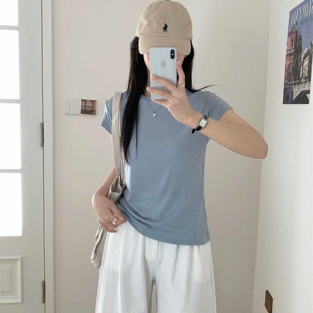 Damer Rundhals Kortärmad T-shirt Slim Fit Grå-Eva Jonsson