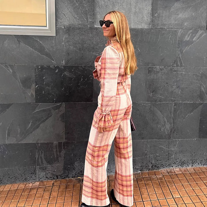 Damer Rutig Mönster Jumpsuit med Bälte och Volanger Mirla-Eva Jonsson