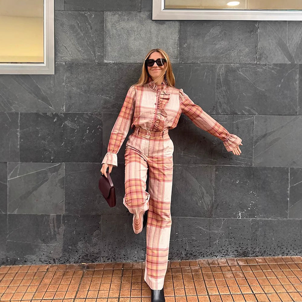 Damer Rutig Mönster Jumpsuit med Bälte och Volanger Mirla-Eva Jonsson