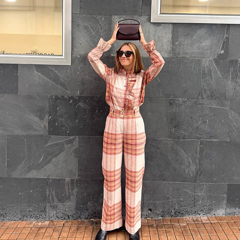 Damer Rutig Mönster Jumpsuit med Bälte och Volanger Mirla-Eva Jonsson