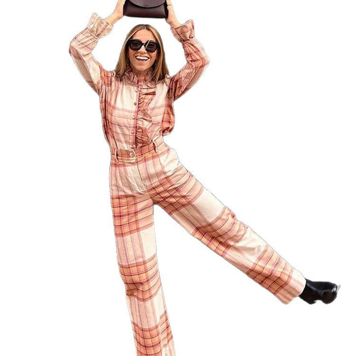 Damer Rutig Mönster Jumpsuit med Bälte och Volanger Mirla-Eva Jonsson