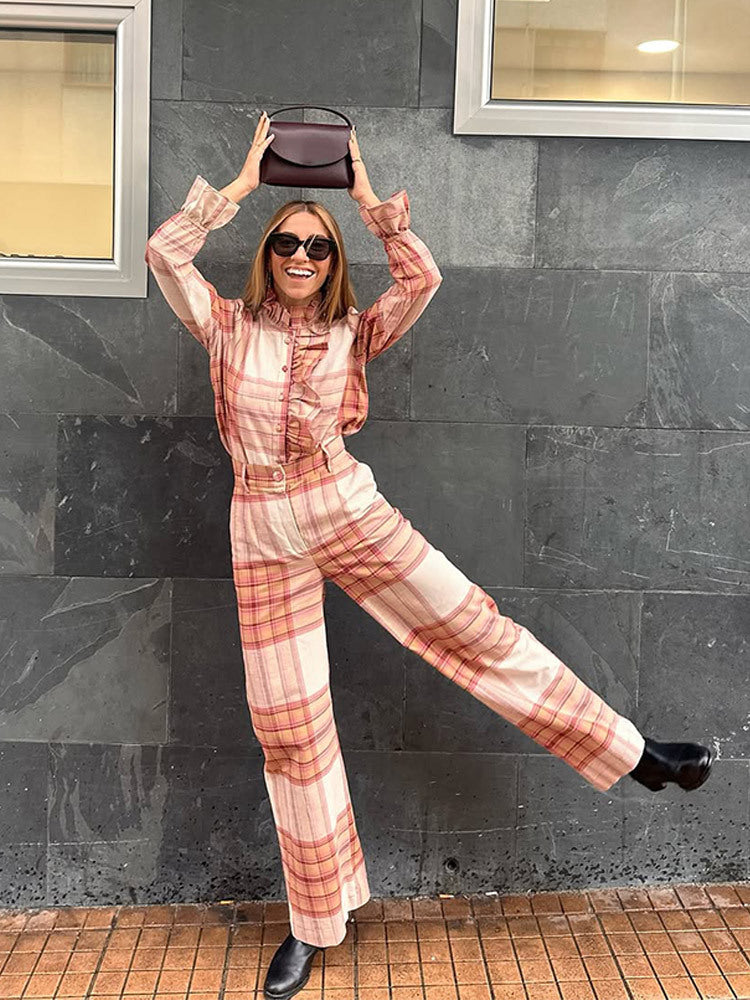 Damer Rutig Mönster Jumpsuit med Bälte och Volanger Mirla-Eva Jonsson