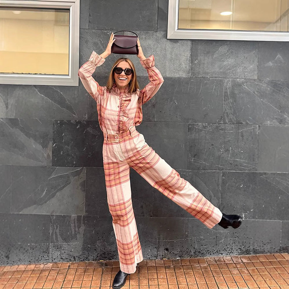 Damer Rutig Mönster Jumpsuit med Bälte och Volanger Mirla-Eva Jonsson